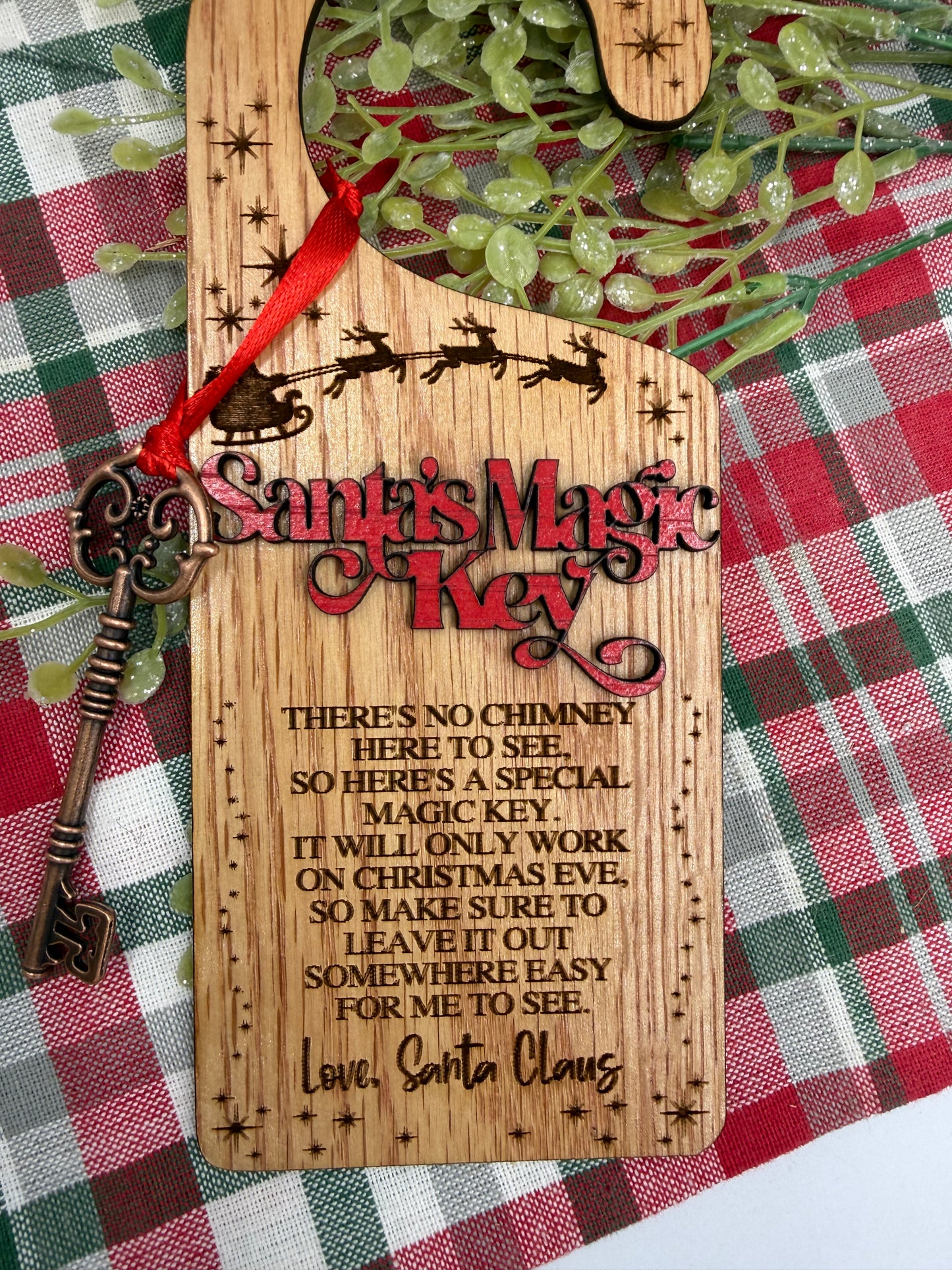 Santa’s Magic Key Doorknob Hanger | Laser Engraved Wood Tag & Metal Key | No Chimney Christmas Tradition for Kids