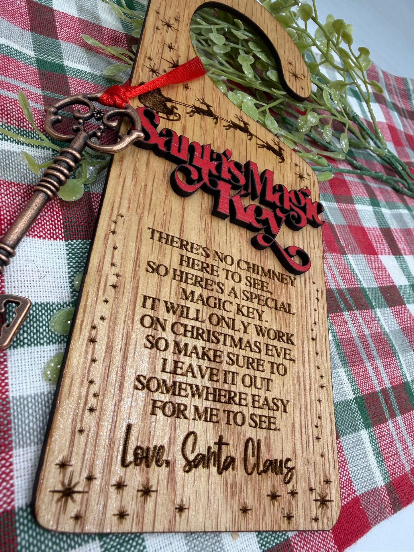 Santa’s Magic Key Doorknob Hanger | Laser Engraved Wood Tag & Metal Key | No Chimney Christmas Tradition for Kids