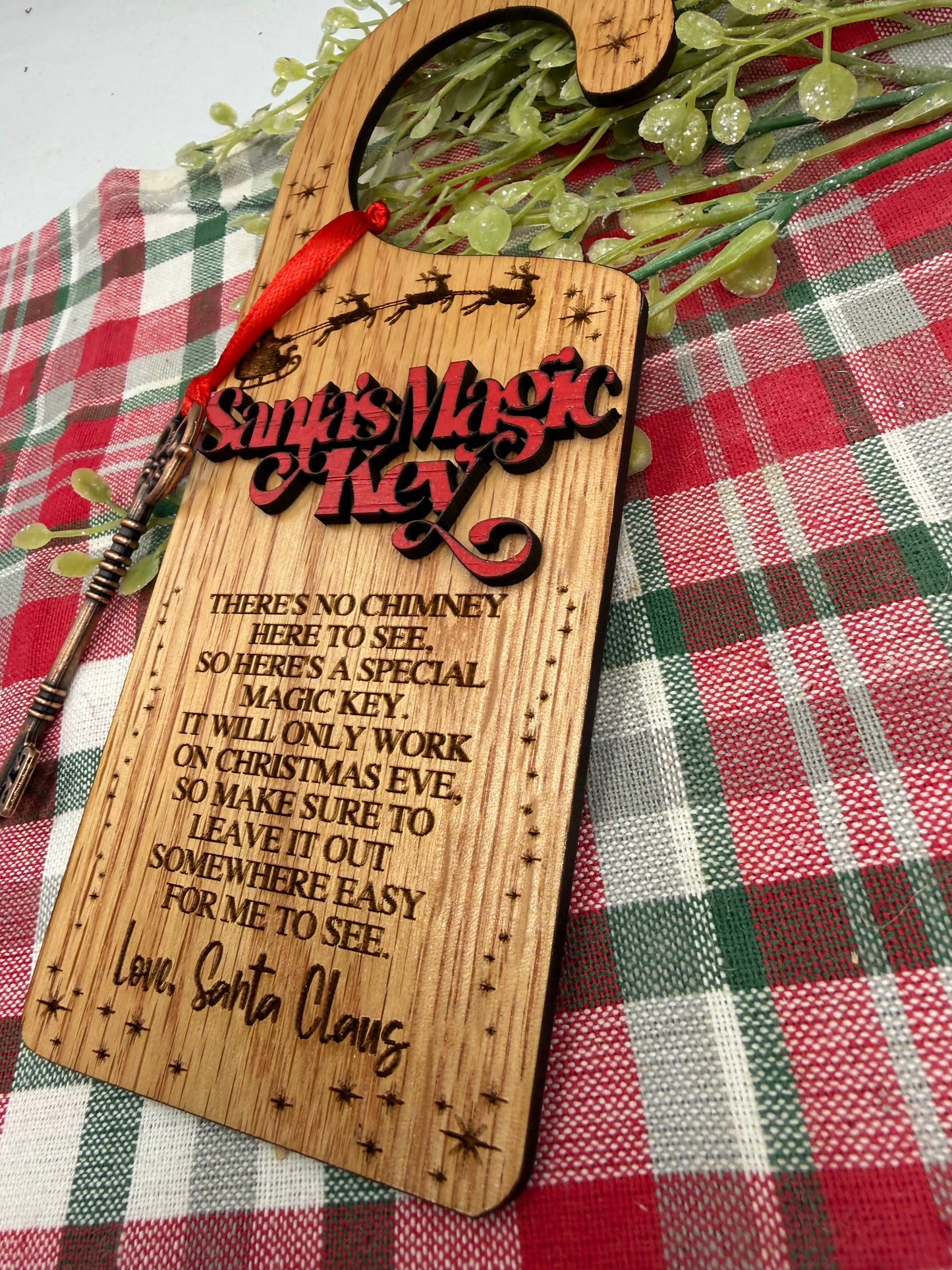 Santa’s Magic Key Doorknob Hanger | Laser Engraved Wood Tag & Metal Key | No Chimney Christmas Tradition for Kids