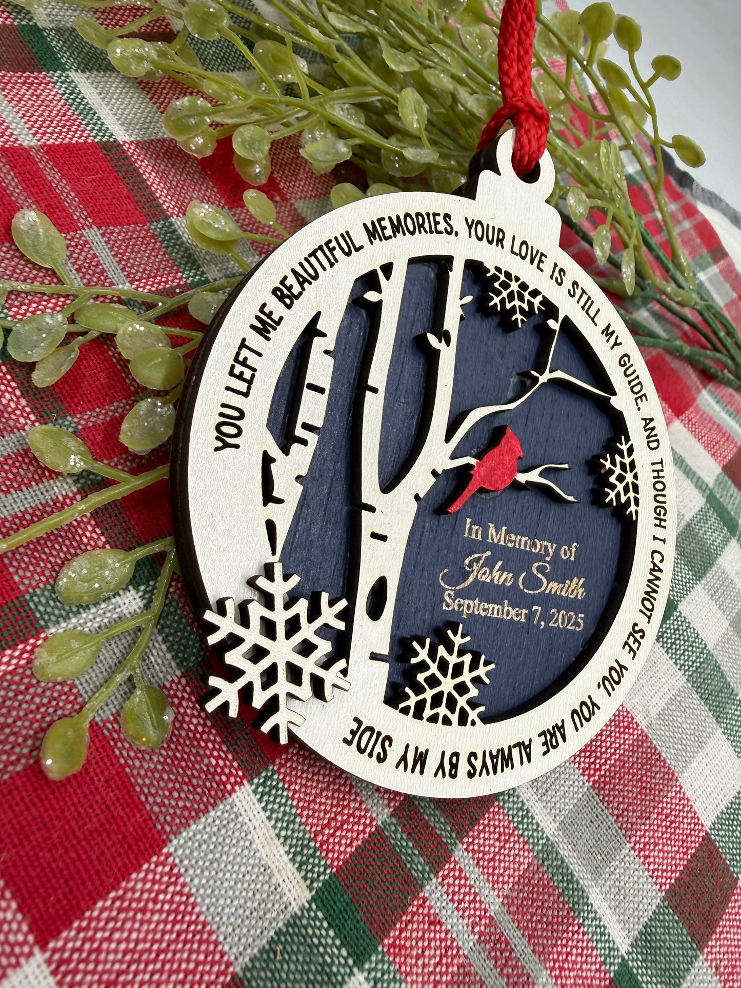 Personalized Cardinal Memorial Ornament: Laser Engraved Wood, In Loving Memory - Bereavement Funeral Keepsake