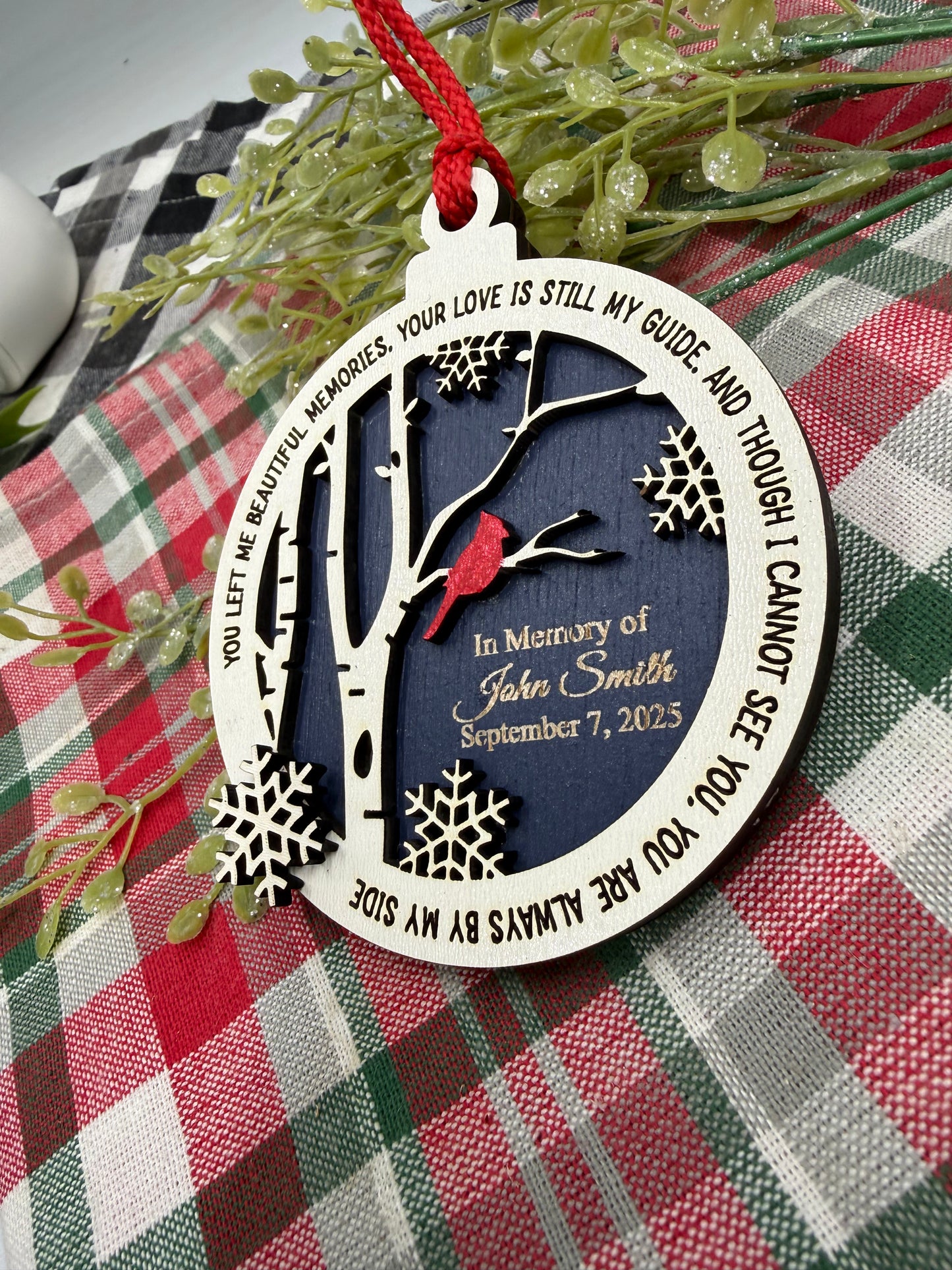 Personalized Cardinal Memorial Ornament: Laser Engraved Wood, In Loving Memory - Bereavement Funeral Keepsake