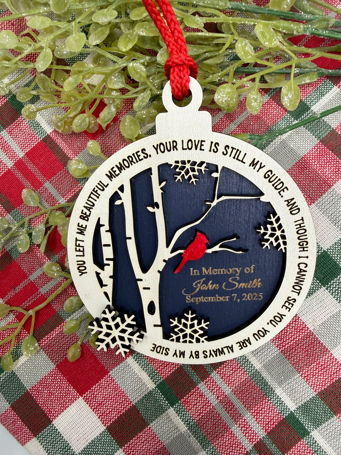 Personalized Cardinal Memorial Ornament: Laser Engraved Wood, In Loving Memory - Bereavement Funeral Keepsake