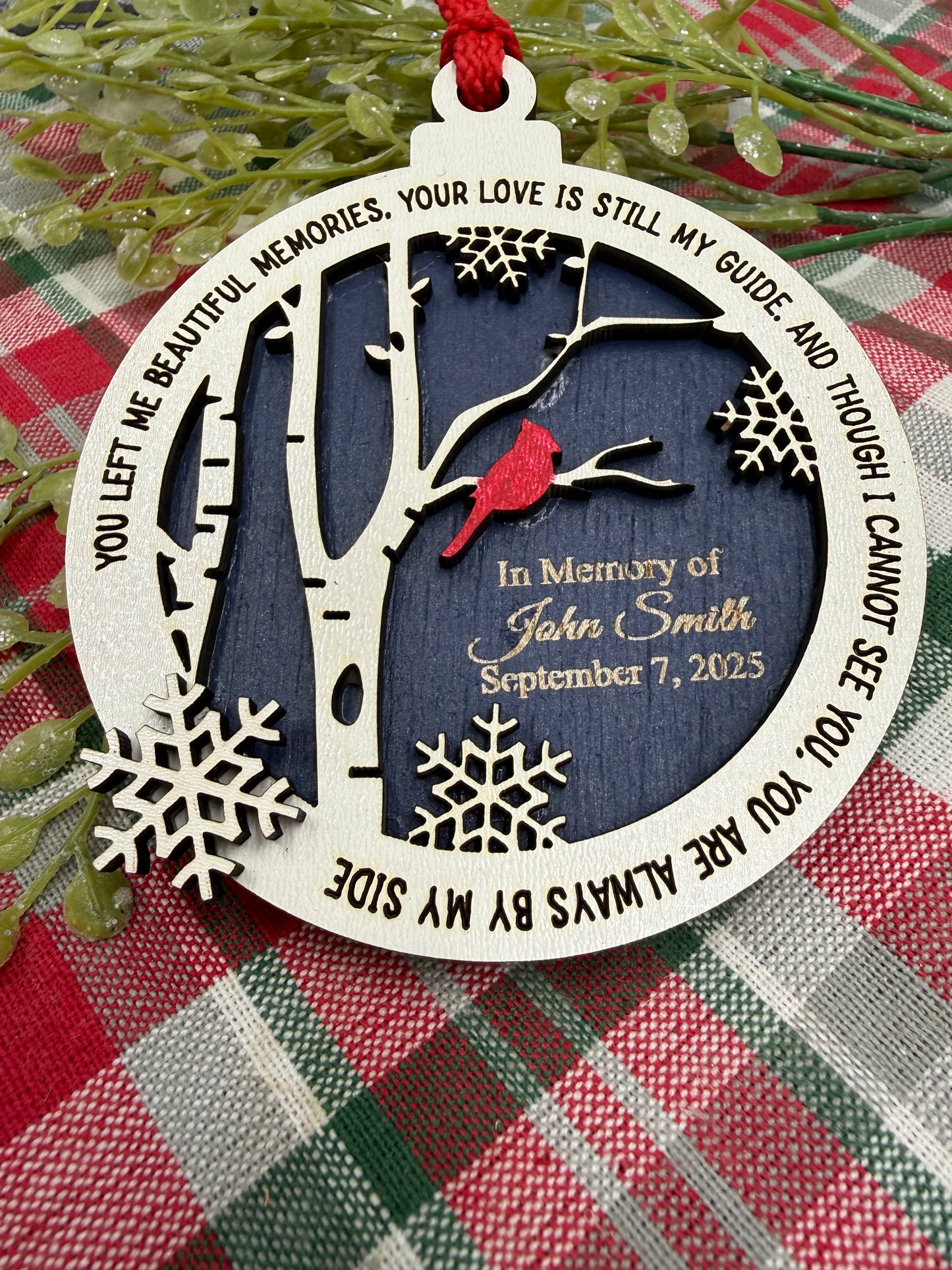 Personalized Cardinal Memorial Ornament: Laser Engraved Wood, In Loving Memory - Bereavement Funeral Keepsake