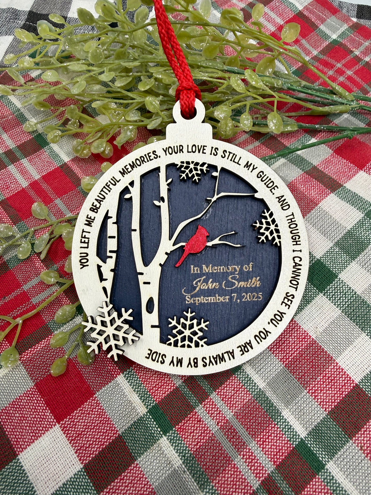 Personalized Cardinal Memorial Ornament: Laser Engraved Wood, In Loving Memory - Bereavement Funeral Keepsake