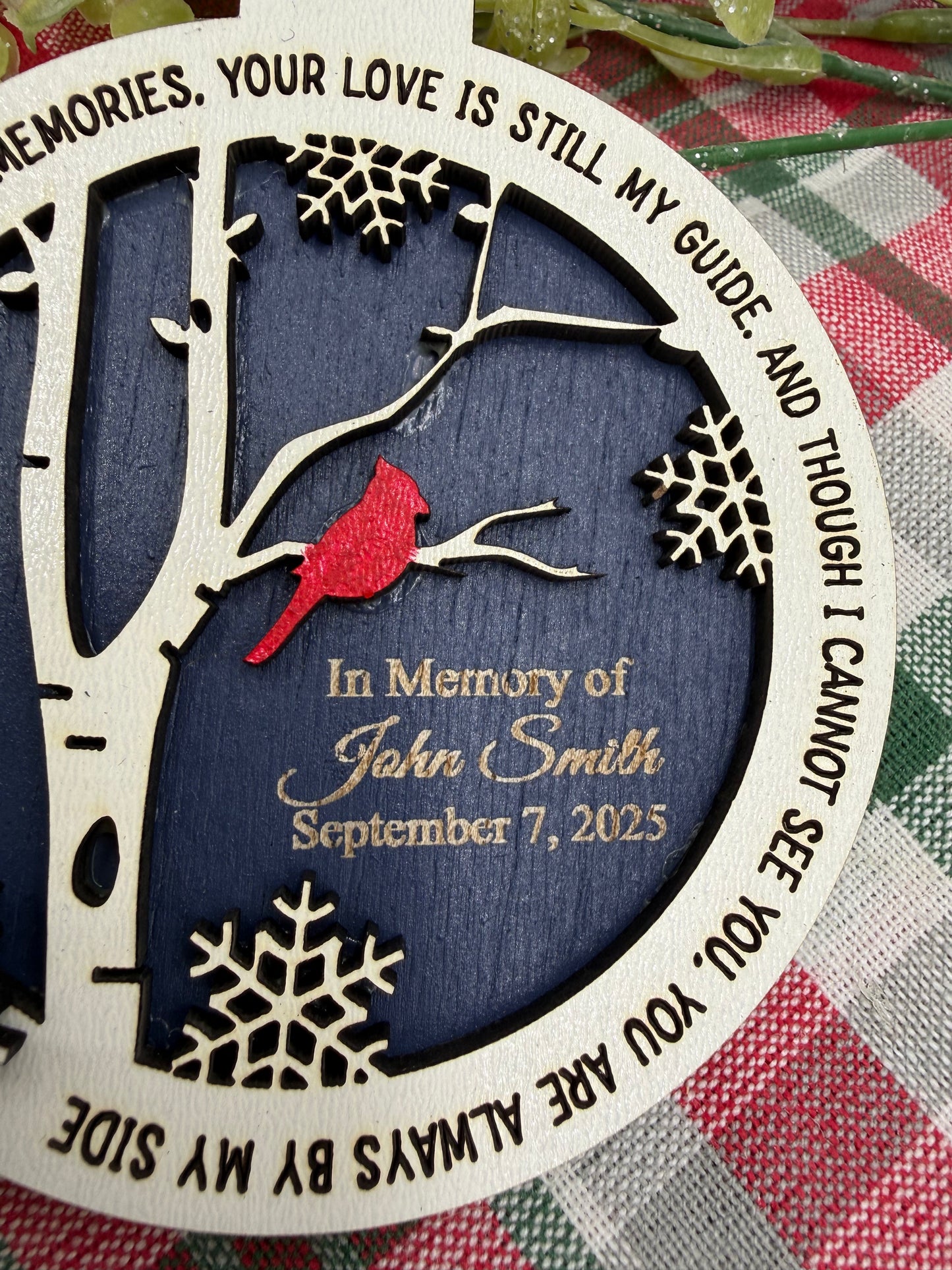 Personalized Cardinal Memorial Ornament: Laser Engraved Wood, In Loving Memory - Bereavement Funeral Keepsake