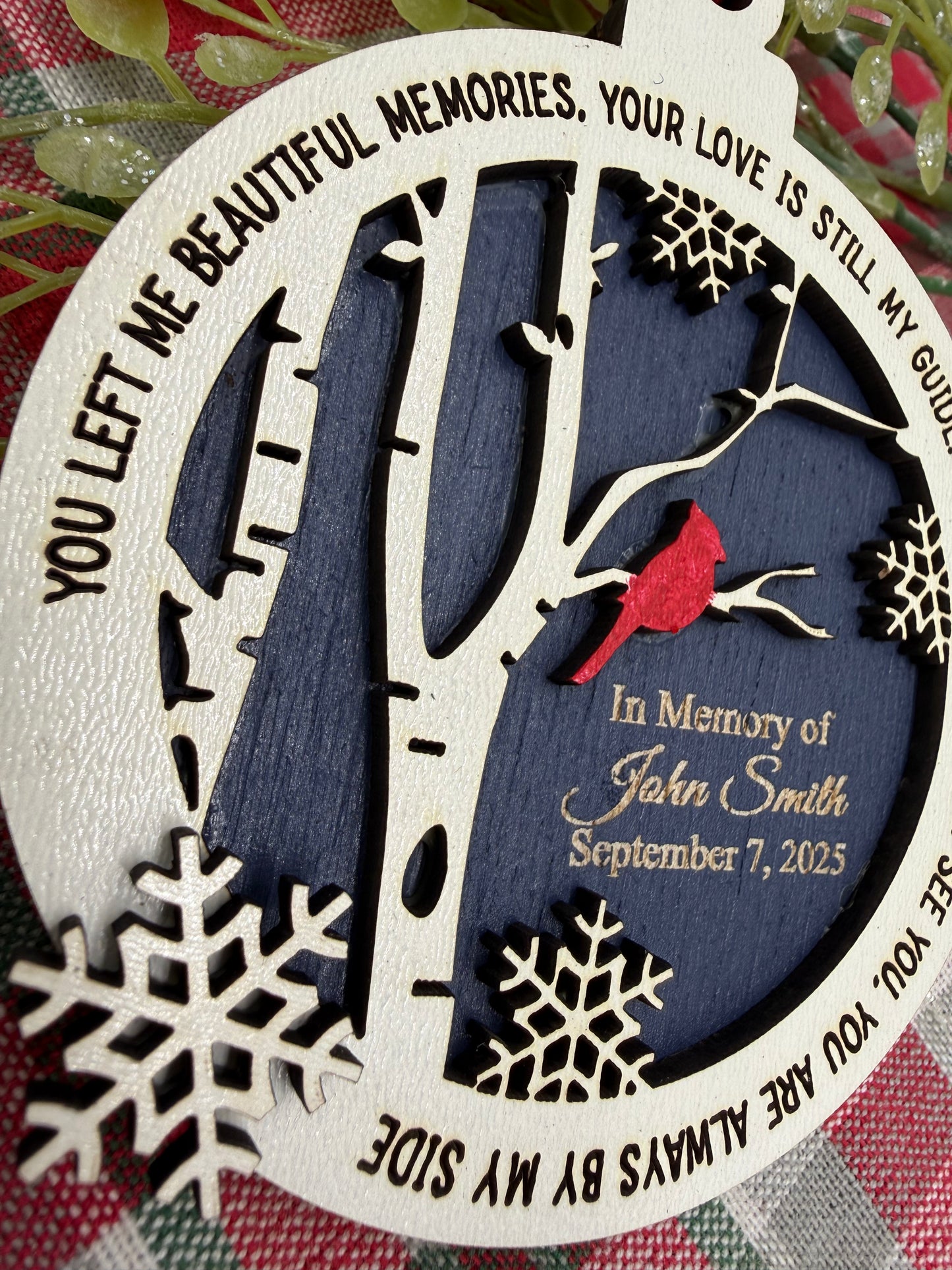 Personalized Cardinal Memorial Ornament: Laser Engraved Wood, In Loving Memory - Bereavement Funeral Keepsake