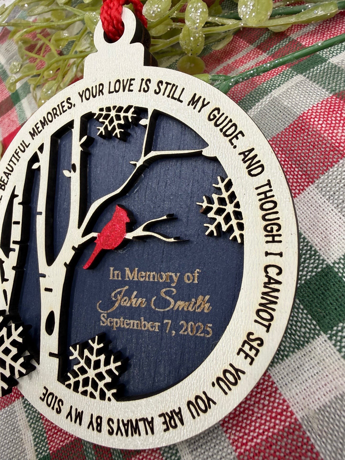Personalized Cardinal Memorial Ornament: Laser Engraved Wood, In Loving Memory - Bereavement Funeral Keepsake