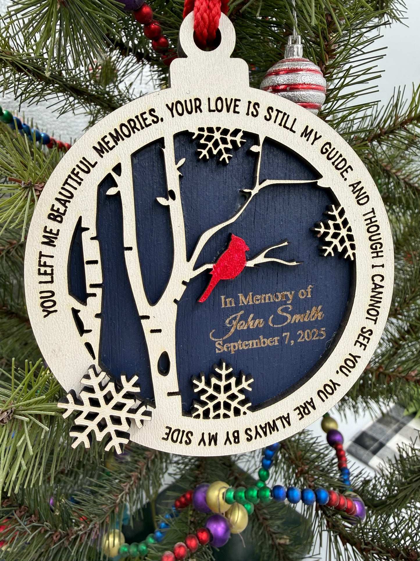 Personalized Cardinal Memorial Ornament: Laser Engraved Wood, In Loving Memory - Bereavement Funeral Keepsake
