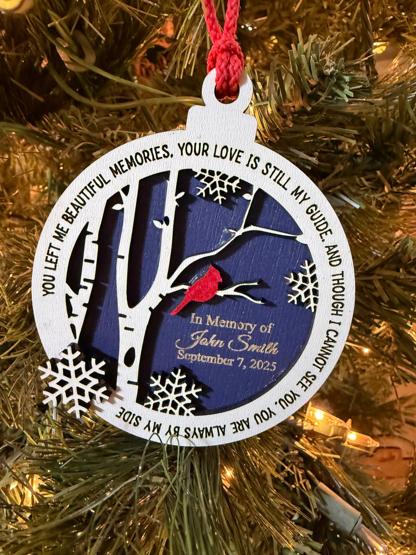 Personalized Cardinal Memorial Ornament: Laser Engraved Wood, In Loving Memory - Bereavement Funeral Keepsake