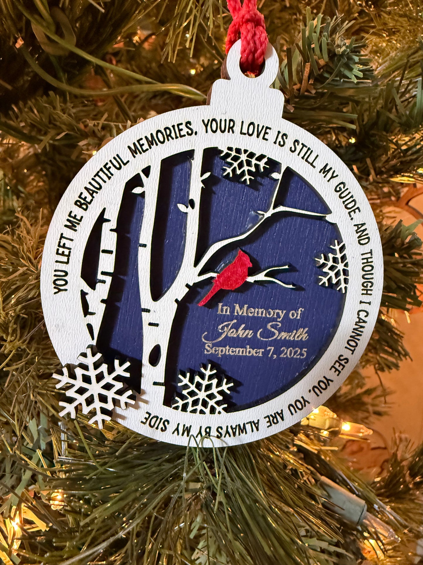 Personalized Cardinal Memorial Ornament: Laser Engraved Wood, In Loving Memory - Bereavement Funeral Keepsake