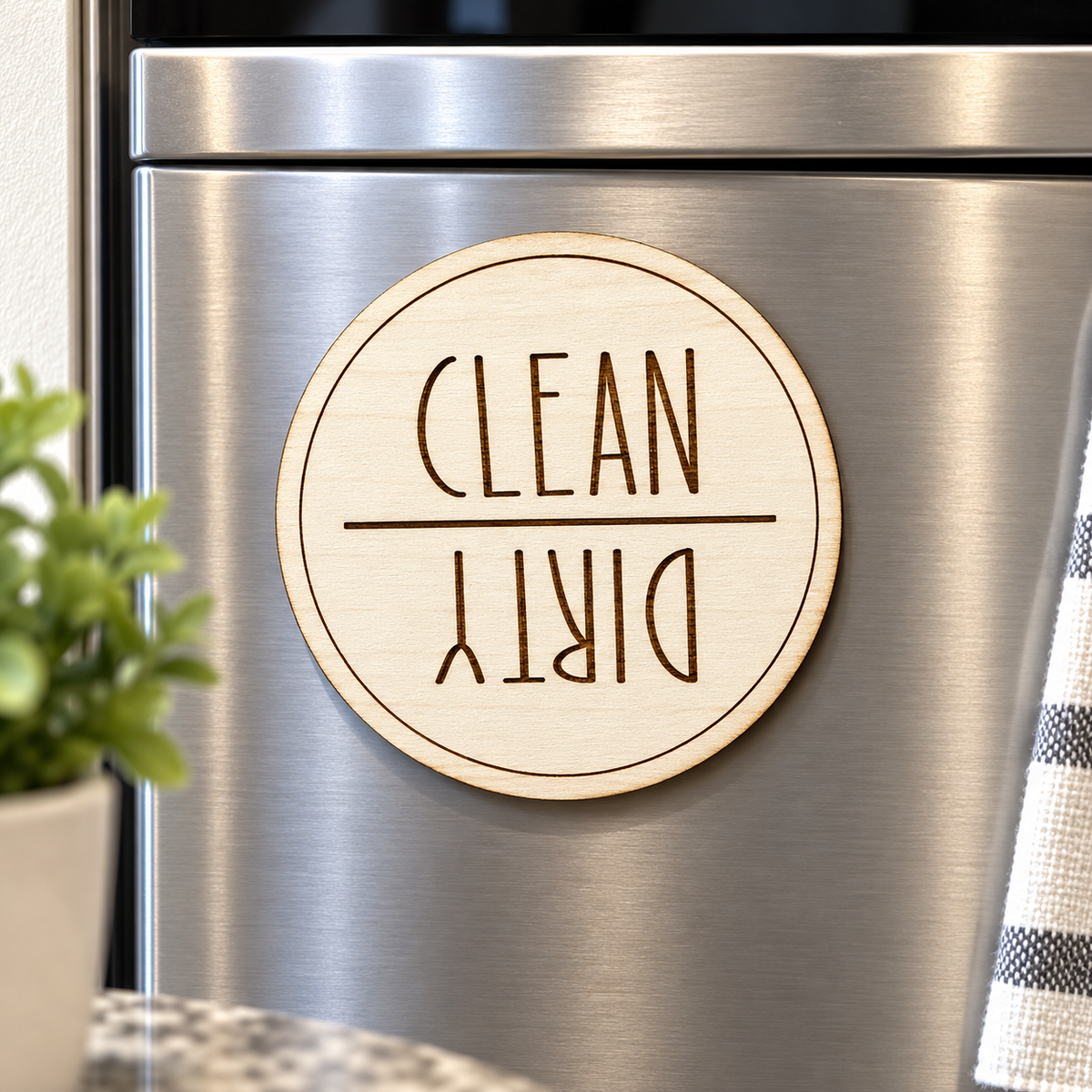 Clean dirty wood dishwasher magnet on stainless steel dishwasher