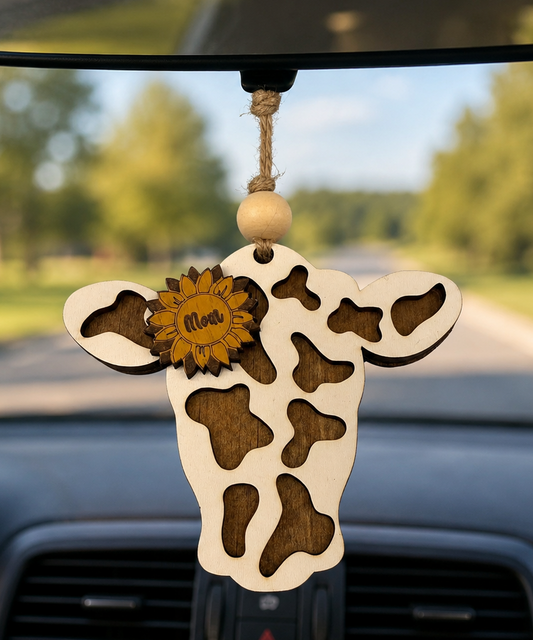 Personalized Cow Car Charm, Farmhouse Sunflower Ornament (Rearview Mirror Hanger)