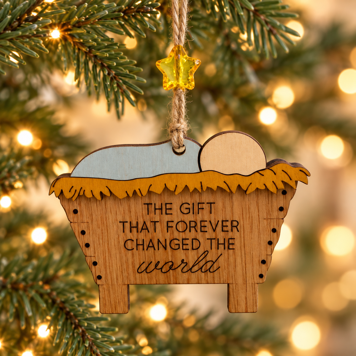 The Gift That Forever Changed the World wooden manger ornament hanging on a Christmas tree