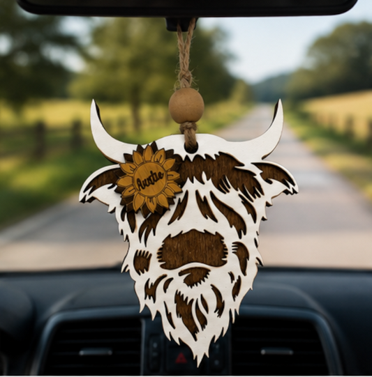 Personalized Highland Cow Car Charm, Farmhouse Sunflower Ornament (Rearview Mirror Hanger)