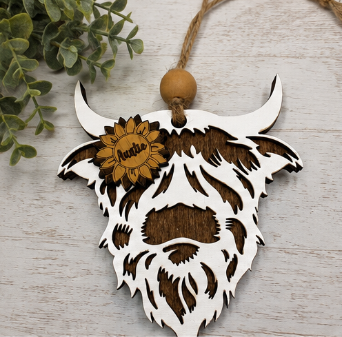 Personalized Highland Cow Car Charm, Farmhouse Sunflower Ornament (Rearview Mirror Hanger)