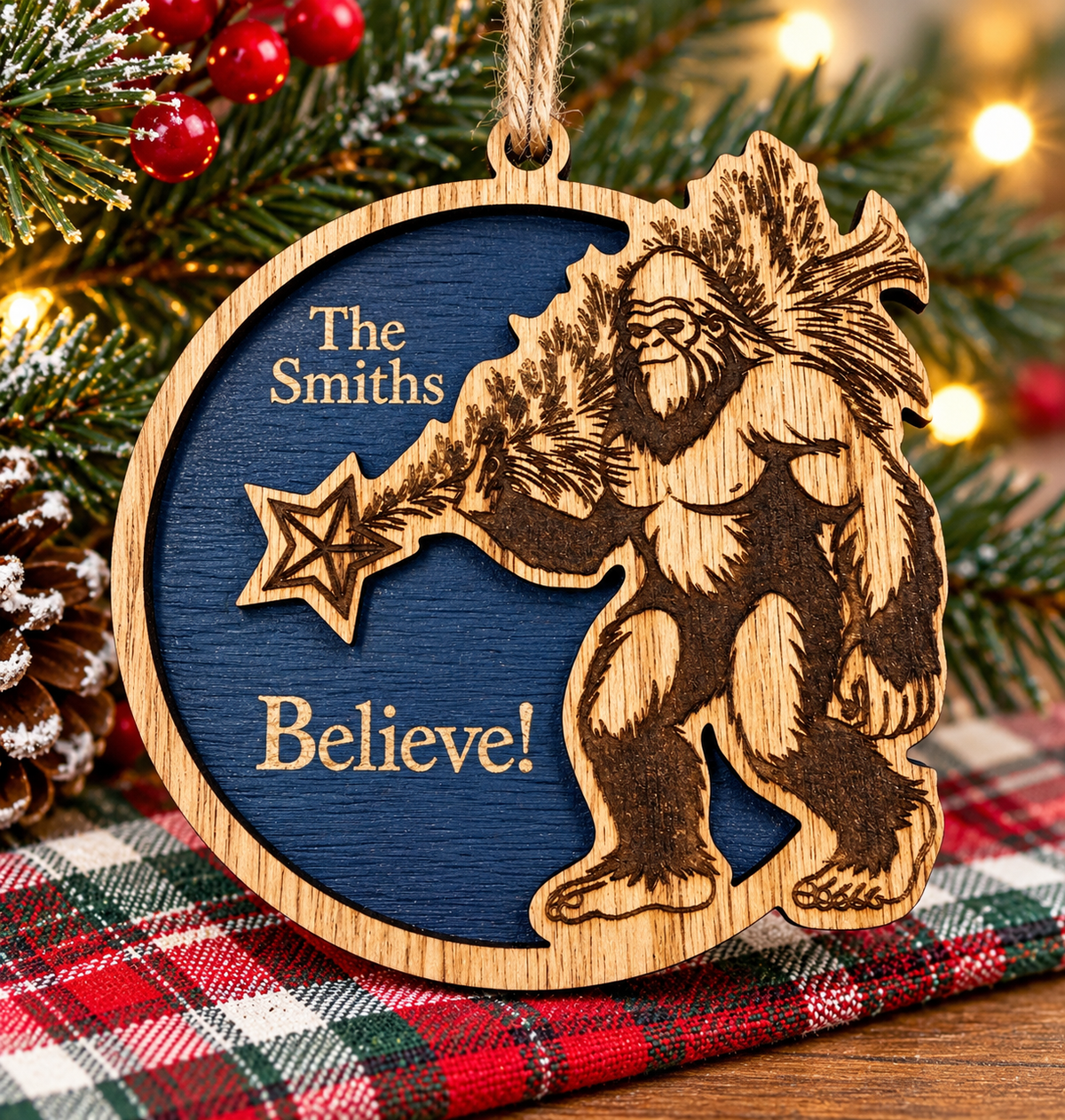 Personalized Bigfoot Believe ornament with The Smiths sample name