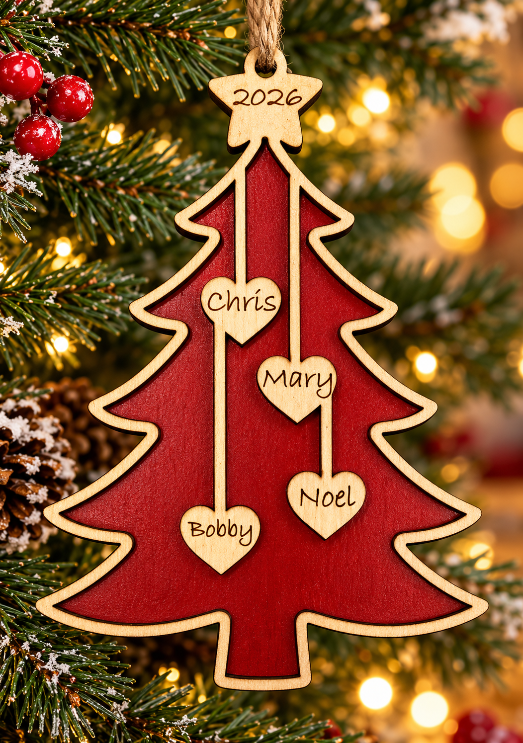 Personalized red family Christmas tree ornament with hanging hearts