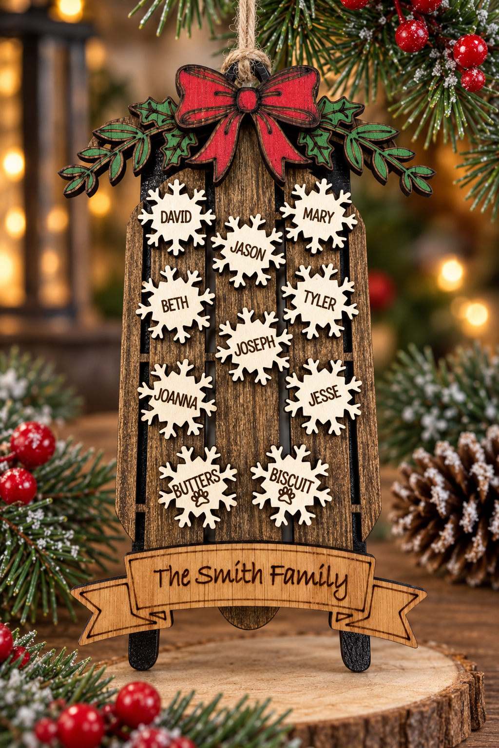 Personalized wooden family sled Christmas ornament with individual name snowflakes and pet names