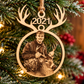 Personalized hunting photo Christmas ornament with deer antlers and engraved buck photo