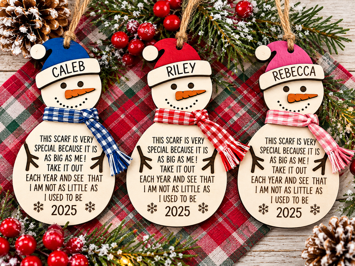 Personalized snowman growth chart Christmas ornaments with blue red and pink scarves