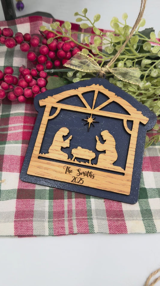 Personalized Nativity Manger Scene Christmas Ornament Rustic Wood  Religious Christian Tree Decoration Baby Jesus Family Keepsake Gift