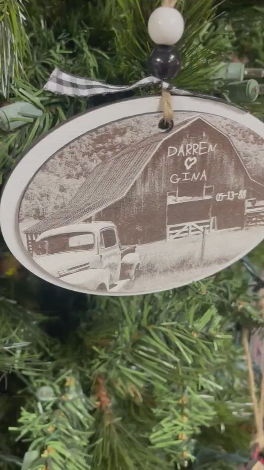 Personalized Barn & Truck Laser Engraved Christmas Ornament Unique Wedding Anniversary Gift