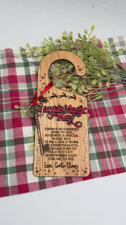 Santa’s Magic Key Doorknob Hanger | Laser Engraved Wood Tag & Metal Key | No Chimney Christmas Tradition for Kids