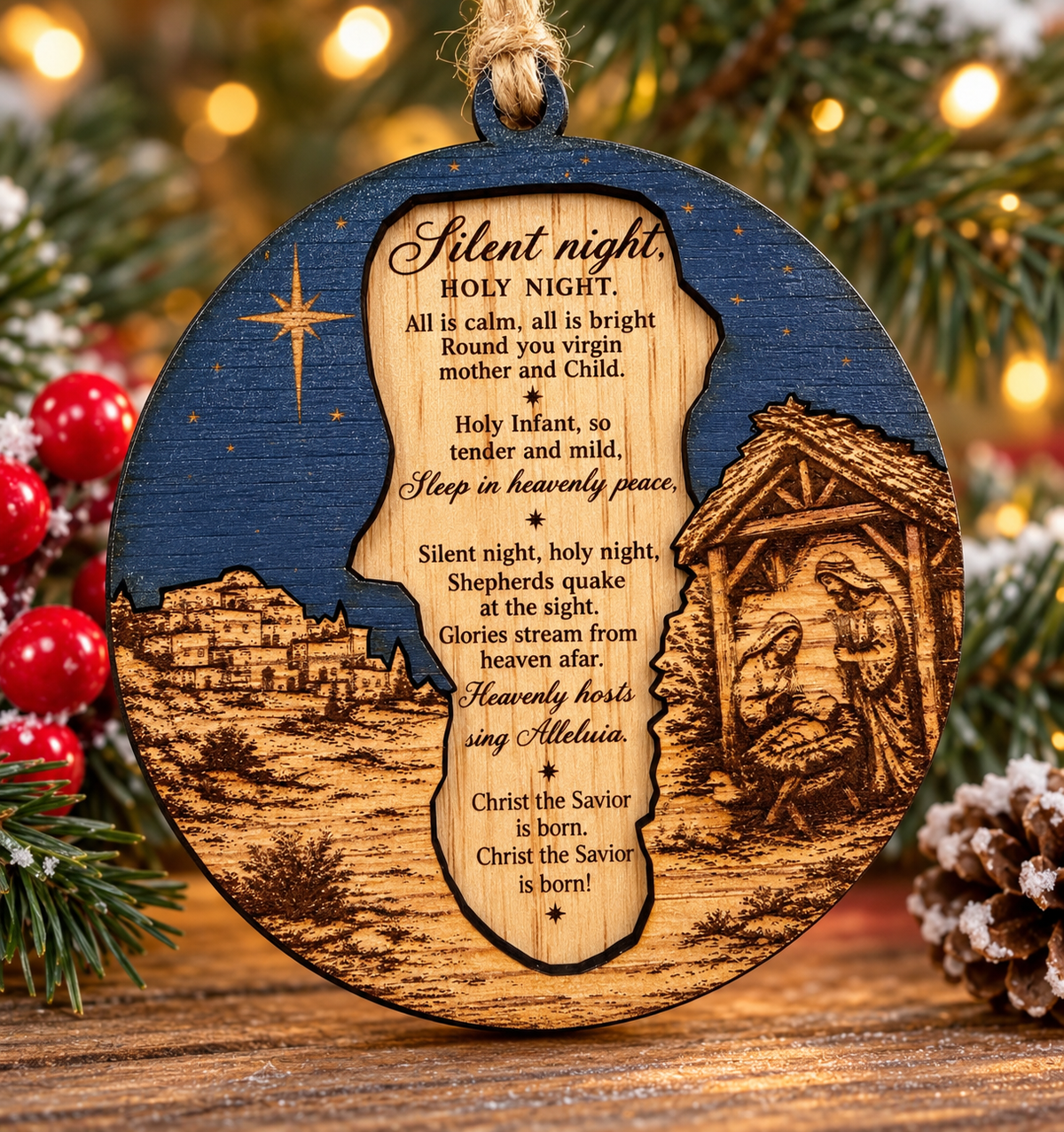 Silent Night nativity wooden Christmas ornament
