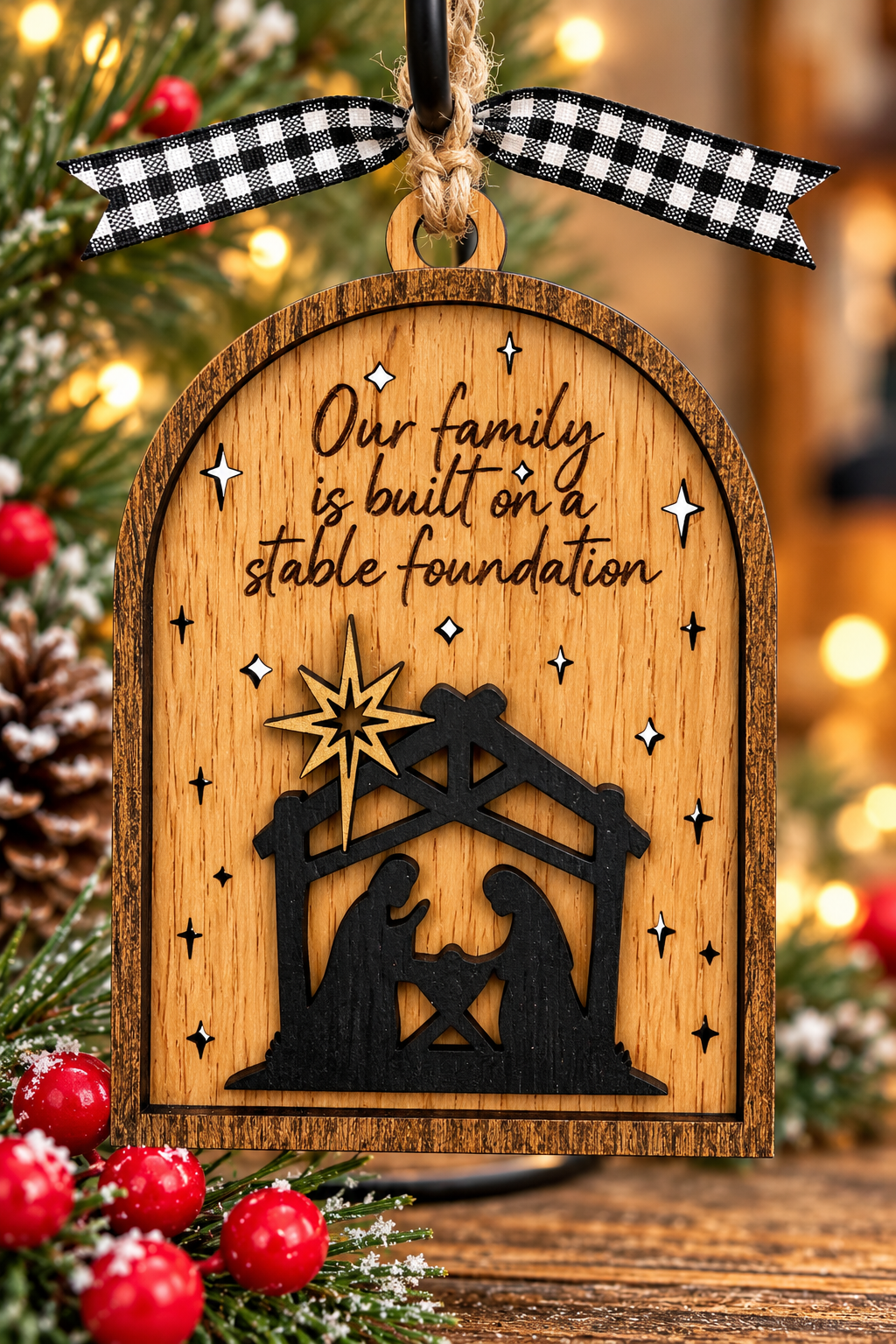 Our Family Is Built on a Stable Foundation layered wood nativity Christmas ornament