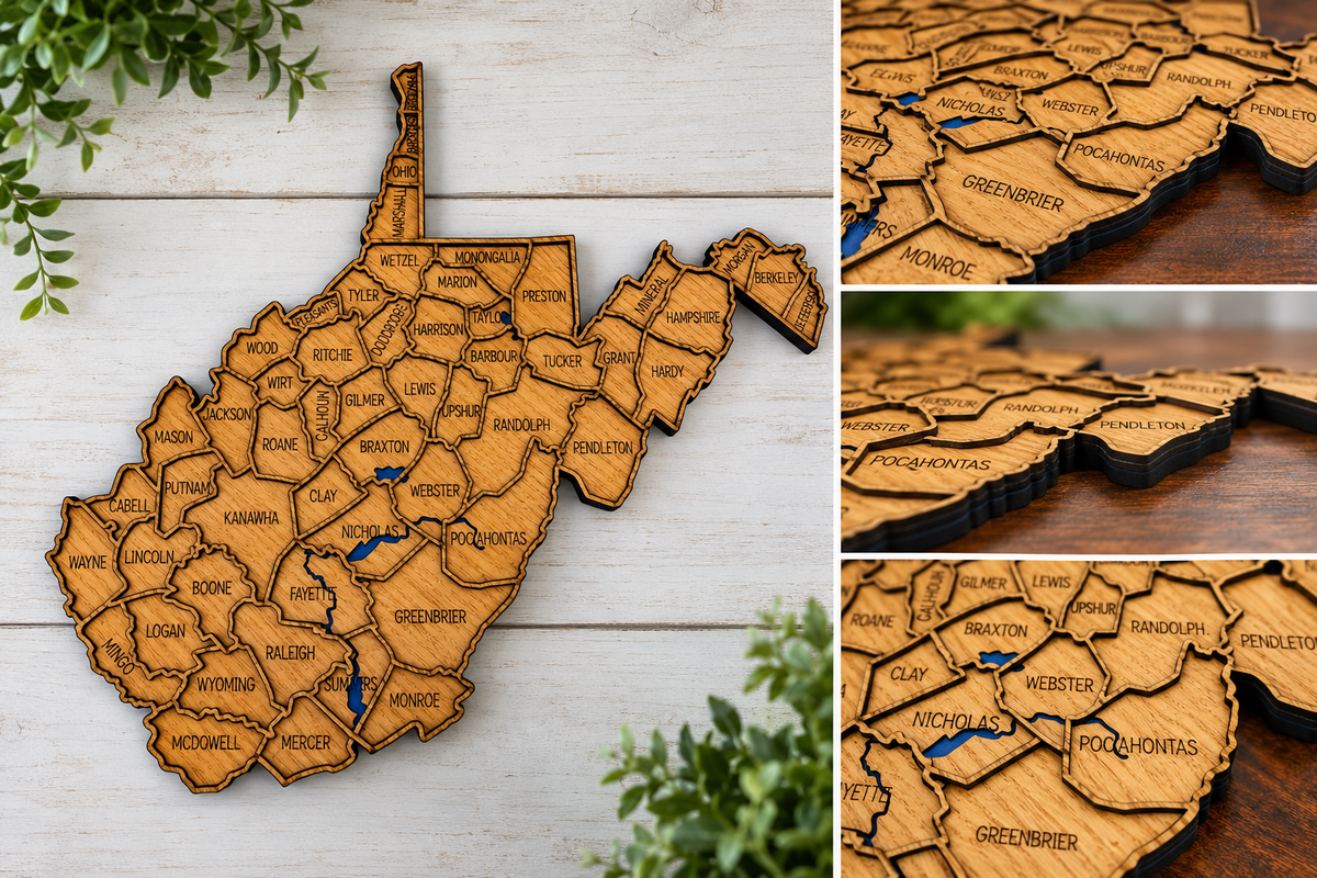 West Virginia wooden county map enhanced product display