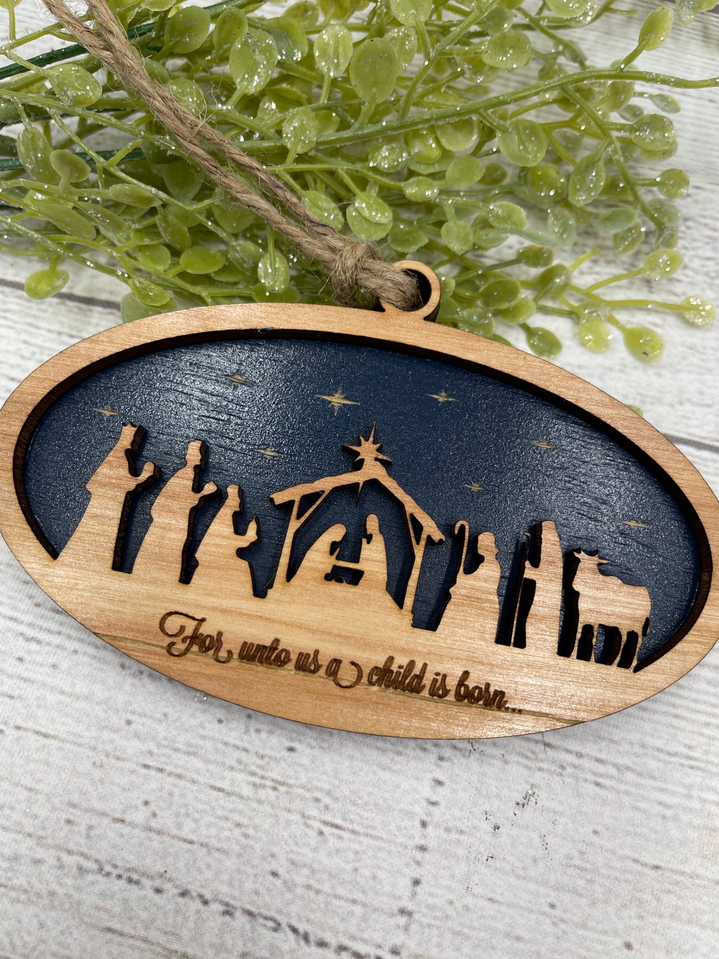 Oval Christmas Nativity Manger Scene Religious Wood Ornament - For Unto Us a Child is Born