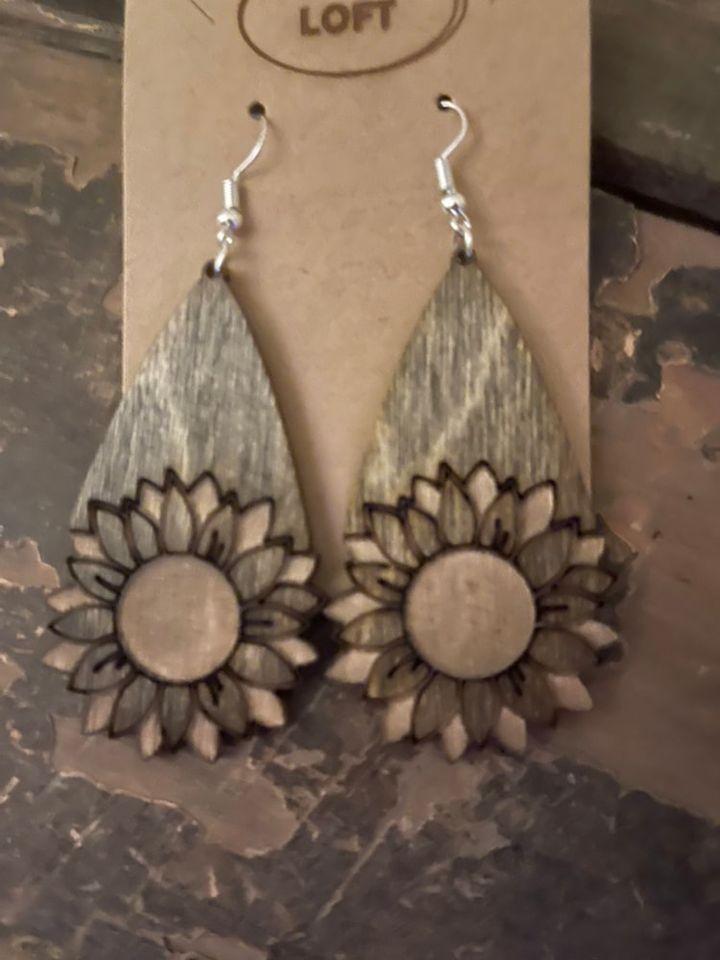 Sunflower Wood Engraved Teardrop Earrings