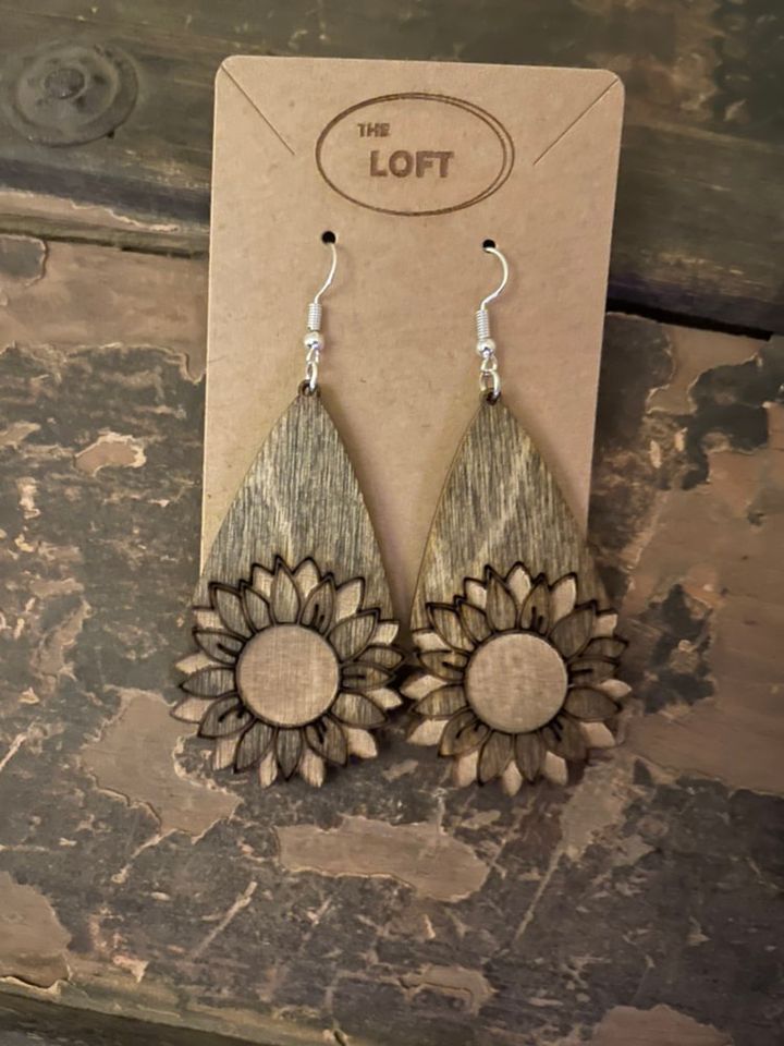 Sunflower Wood Engraved Teardrop Earrings