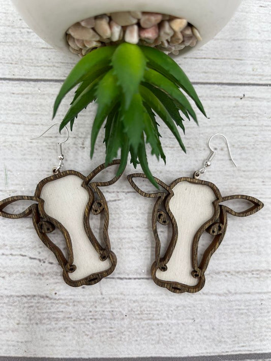 Cow Two Tone Layered Wood Farm Girl Western Earrings