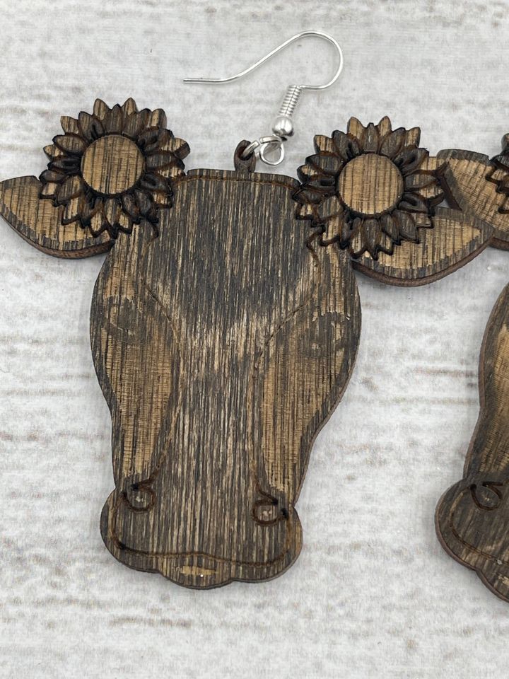 SUNFLOWER COW EARRINGS WOOD Unique Laser Cut and Design COW and Sun Flower Ear Rings More Cow!