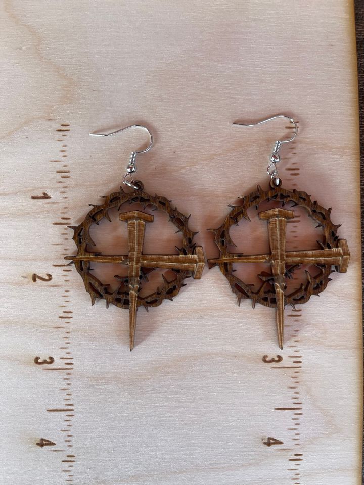 Crown of Thorns and Cross of Nails Wooden Religious Christian Dangling Earrings